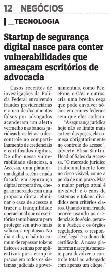 Matéria "Startup de segurança digital nasce para conter vulnerabilidades que ameaçam escritórios de advocacia" publicada em Diário Indústria & Comércio