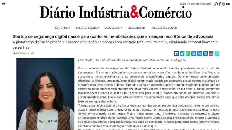 Matéria "Startup de segurança digital nasce para conter vulnerabilidades que ameaçam escritórios de advocacia" publicada em Diário Induscom