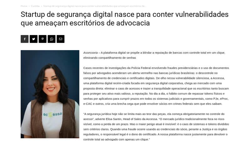 Matéria "Startup de segurança digital nasce para conter vulnerabilidades que ameaçam escritórios de advocacia" publicada em Leia e Cocentral
